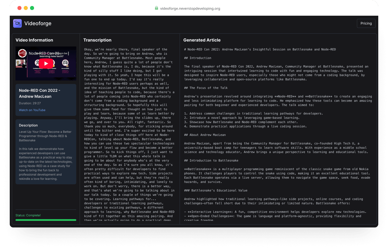 VideoForge Browser Interface